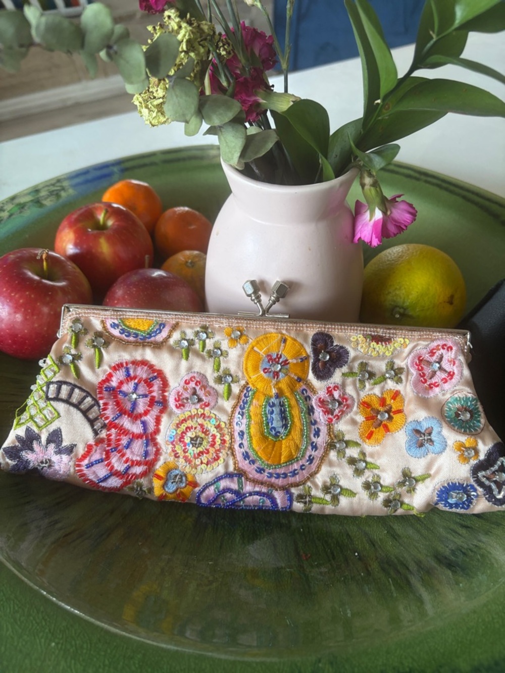 Steve Madden Multicolor Embroidered Floral Clutch in Cream